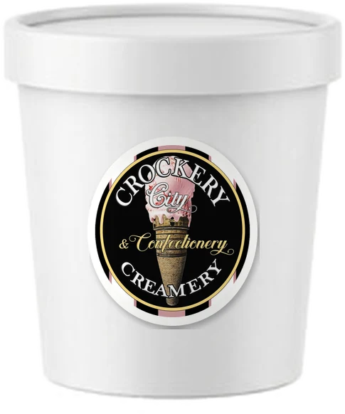 A hand-packed pint with the Crockery City Creamery sticker